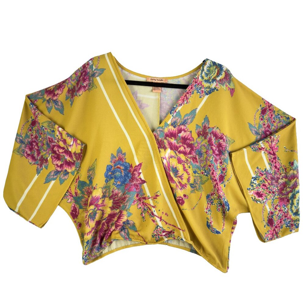 Flying Tomato Mustard Floral Kimono Crop Wrap Top L – Boho, 3/4 Dolman Sleeves